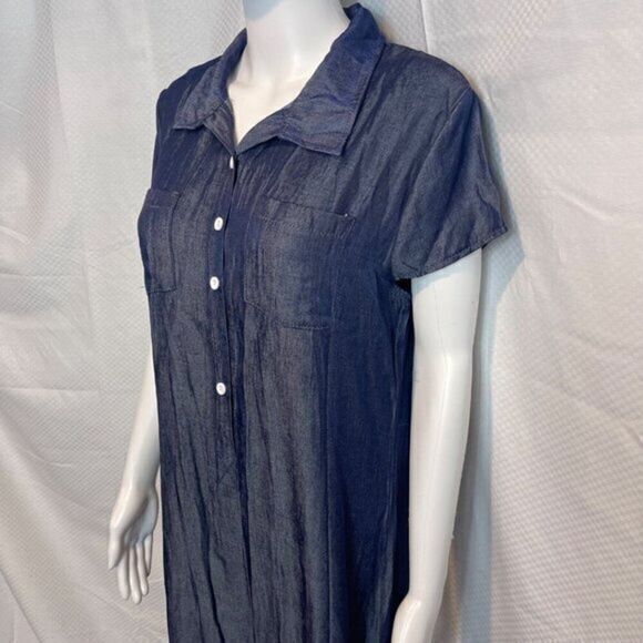 V Neck Denim Midi‎ Summer Buttons Short Sleeve Shirt Sundress Size M - Picture 7 of 8